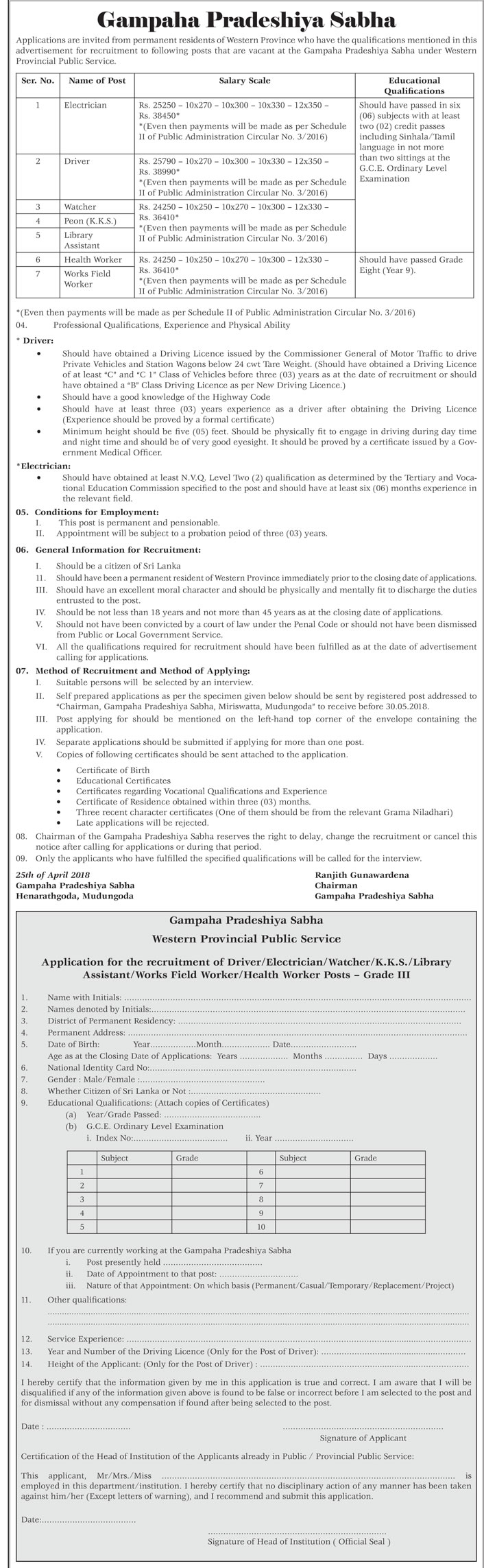 Electrician, Driver, Watcher, Peon (KKS), Library Assistant, Health Worker, Works Field Worker - Gampaha Pradeshiya Sabha